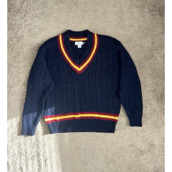 Deadstock 1990s GAP Cable Knit Cricket Sweater Navy Yellow Red Tags M - Picture 2 of 11